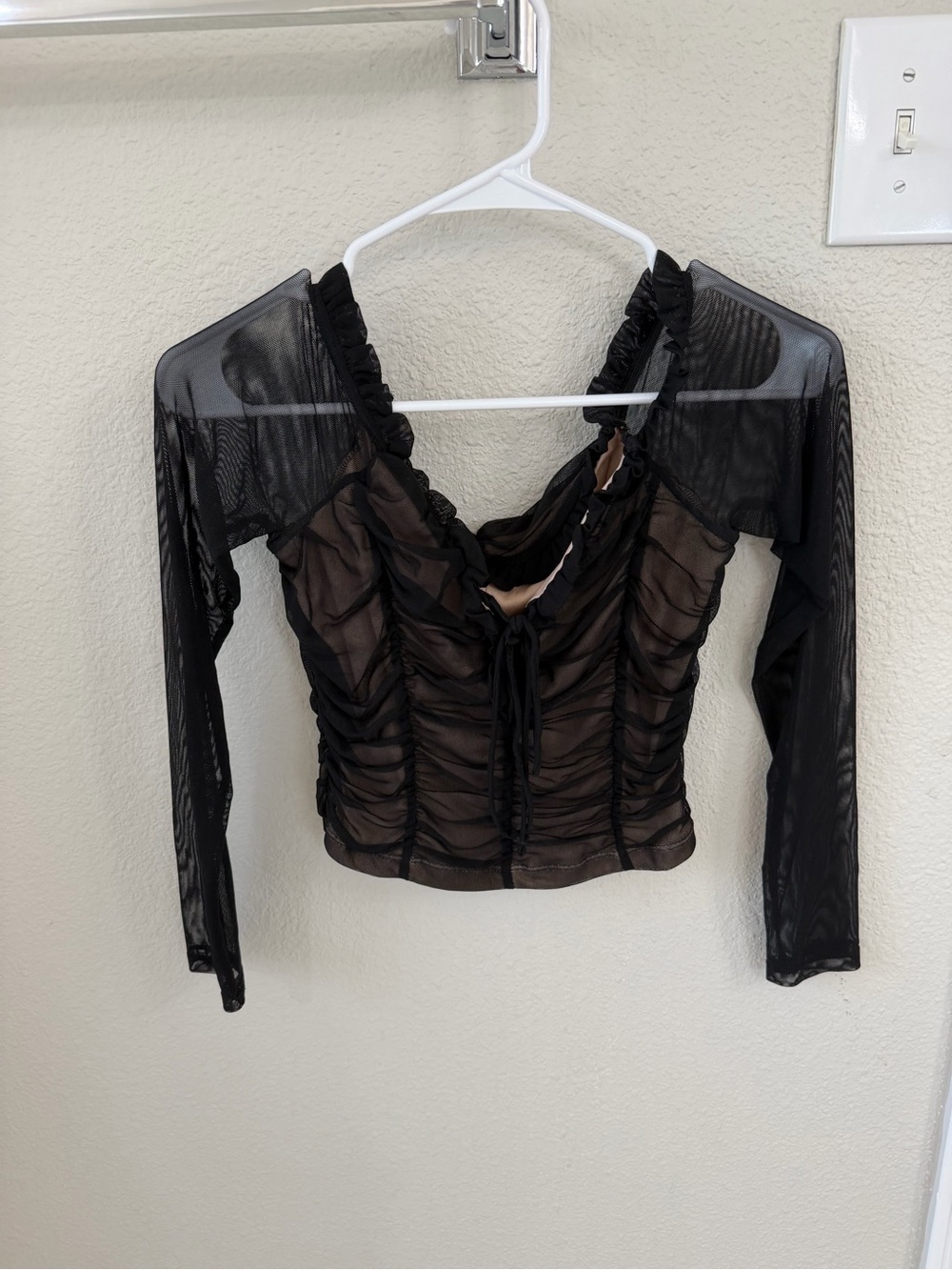 Fashion Nova Black Sheer Ruched Long-Sleeve Ruched Tie Top